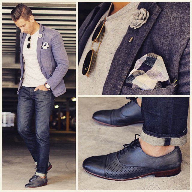 All the blues! 
My first in a series for @GstarRaw_official #TightOrWide campaign
-------------------------------------------------
Blazer by #Zara
T shirt by @gap_southafrica 
Lapel flower by @riverisland
Pocket square by @heywood1922 
Jeans by @GstarRaw_official 
Shoes by @aldo_shoes ------------------------------------------------- For sartorial secrets and all things dapper visit www.whatmyboyfriendwore.com
For a look into my everyday life follow my personal account @Sergio_Ines
For fashion wisdom, random thoughts and lots of give aways follow me on twitter at @whatmybfwore
#Menswear #MensStyle #MensFashion #WMBW