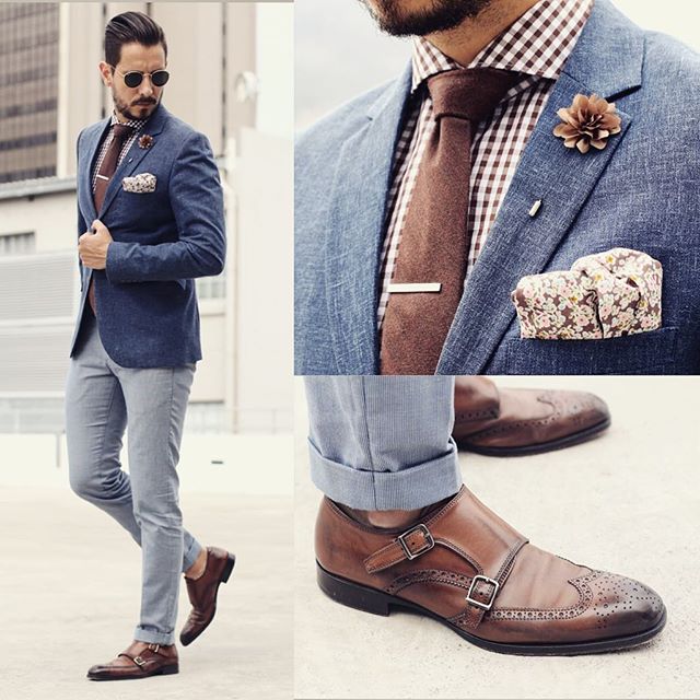 Blue and brown 
Sunglasses by @rayban 
Blazer from @topman_sa
Shirt from @suitsupply
Tie by @fridaytieday
Tie clip by @weekendcasual 
Lapel flower by @weekendcasual 
Pocket square by @weekendcasual
Pants by @ted_baker (available at @stuttafords )
Shoes by @tobootnewyork ------------------------------------------------- For sartorial secrets and all things dapper visit www.whatmyboyfriendwore.com
For a look into my everyday life follow my personal account @Sergio_Ines
For fashion wisdom, random thoughts and lots of give aways follow me on twitter at @whatmybfwore
#Menswear #MensStyle #MensFashion #WMBWFashion