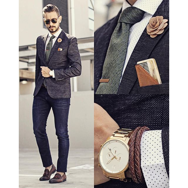 Blazer from @hm 
Shirt from @hm 
Tie by @bows_n_ties 
Tie clip by @thetiebar 
Lapel flower by @weekendcasual 
Comb by @augustgrooming
Jeans by @calvinklein 
Shoes by @dune_london 
Watch by @mvmtwatches -------------------------------------------------
Like the watch!? I love the simplicity of it!! The kind folks at @mvmtwatches have offered all #WMBW fans out there $10 off your purchase of any watch on their website by using discount code 'whatmyboyfriendwore' -happy shopping ------------------------------------------------- Go check out www.whatmyboyfriendwore.com for a review on the @augustgrooming combs! They're an amazing dapper detail
For a look into my everyday life follow my personal account @Sergio_Ines
For fashion wisdom, random thoughts and lots of give aways follow me on twitter at @whatmybfwore
#Menswear #MensStyle #MensFashion #WMBWFashion
