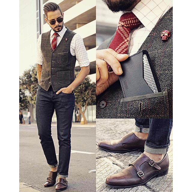 Green and red
Sunglasses by @persol
Vest from @markham1873 
Shirt from @tmlewin
Tie by @lvjhaberdasher
Wallet by @liquid_co 
Lapel pin by #Loviso
Jeans by @gstarraw 
Double monks by @paulevansny --------------------------------------------- The kind folks at @liquid_co have offered all of you $10 off your purchase on any of their essential products - use promo code 'WMBW10' at checkout --------------------------------------------- For sartorial secrets and all things dapper visit www.whatmyboyfriendwore.com
For a look into my everyday life follow my personal account @Sergio_Ines
For fashion wisdom, random thoughts and lots of give aways follow me on twitter at @whatmybfwore
#Menswear #MensStyle #MensFashion #WMBWFashion