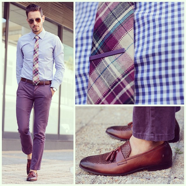 Purple patterns
Aviator Sunglasses by @rayban 
Shirt by @woolworths_sa 
Tie by @lvjhaberdasher 
Tie clip by @weekendcasual 
Pants by @topman_sa 
Shoes by @dune_london ------------------------------------------------- For sartorial secrets and all things dapper visit www.whatmyboyfriendwore.com
For a look into my everyday life follow my personal account @Sergio_Ines
For fashion wisdom, random thoughts and lots of give aways follow me on twitter at @whatmybfwore
#Menswear #MensStyle #MensFashion #WMBW